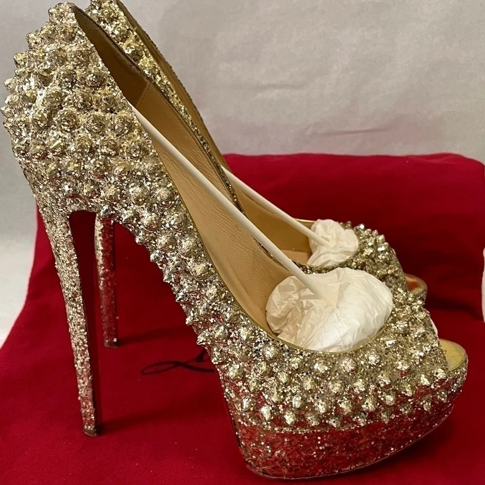 Christian Louboutin “Glitter Specchio” Lady Peep spikes.EU38 140mm 1” platform.